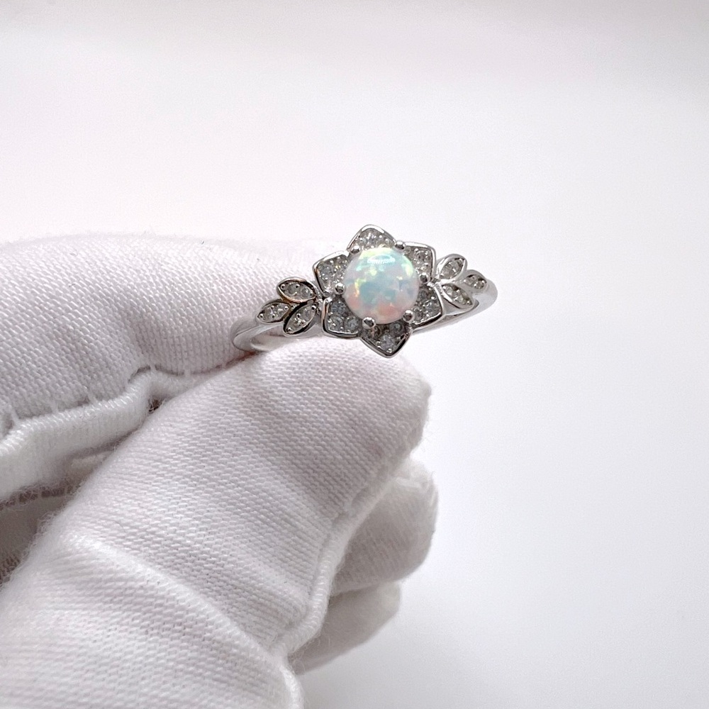.925 Sterling Silver Lab Created White Opal Floral Ring - Picture 4 of 16
